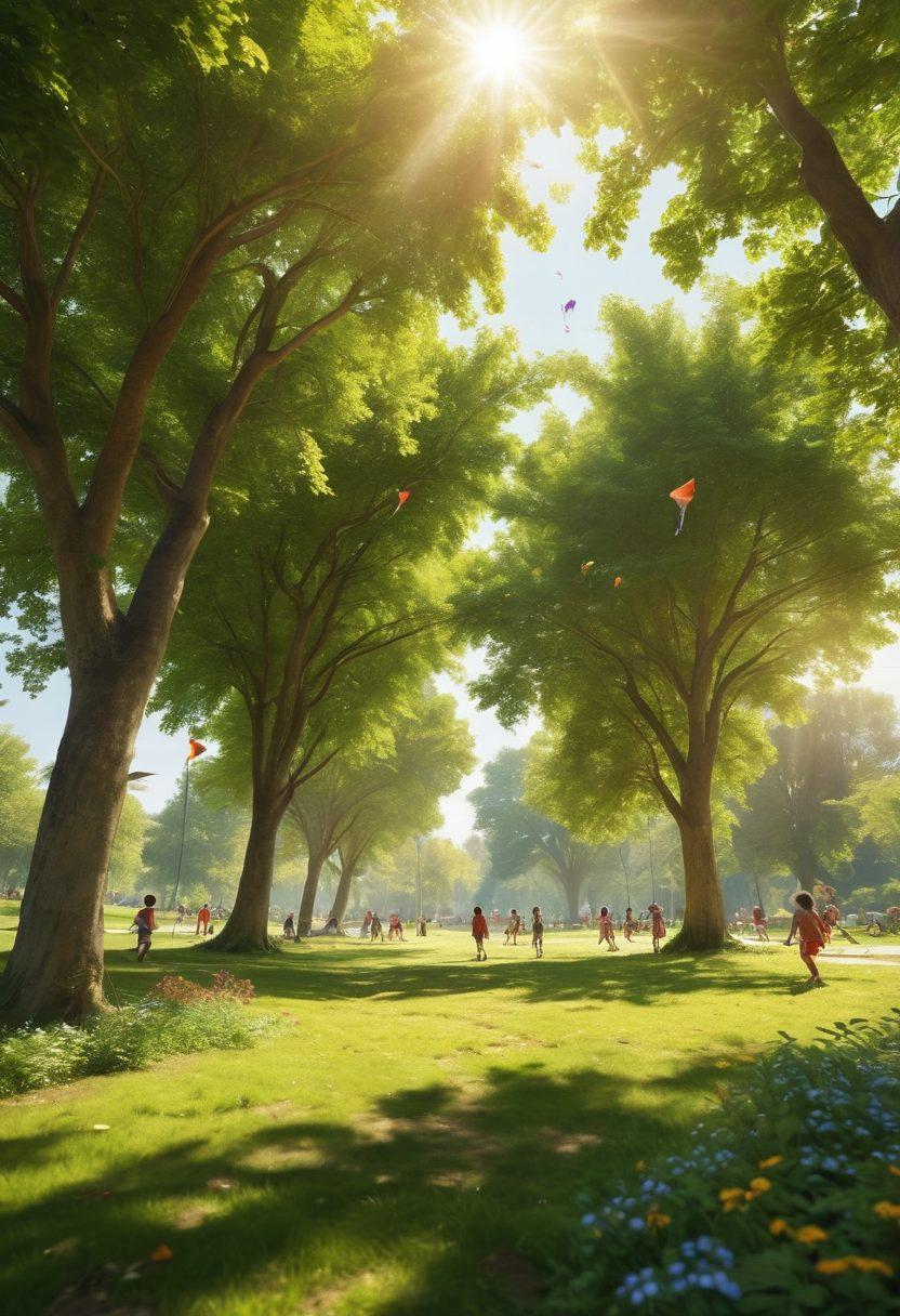 A vibrant scene of children playing in a lush green park, exploring nature and engaging in outdoor activities like climbing trees, flying kites, and painting with natural materials. Include elements of imagination, such as whimsical creatures made from leaves or flowers in the background. Bright sunlight filters through the trees, casting playful shadows. super-realistic. vibrant colors. daylight.