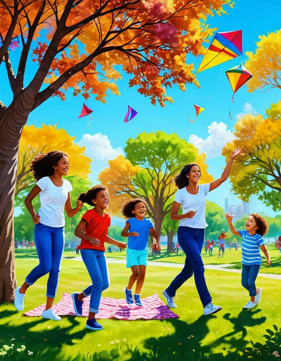 A joyful family participating in various outdoor activities, including a picnic, playing frisbee, and flying kites in a sunny park setting. Kids of diverse backgrounds are laughing and engaging with their parents, surrounded by colorful trees and flowers. The scene conveys warmth, connection, and adventure, showcasing the essence of family bonding. vibrant colors. super-realistic. outdoor setting.