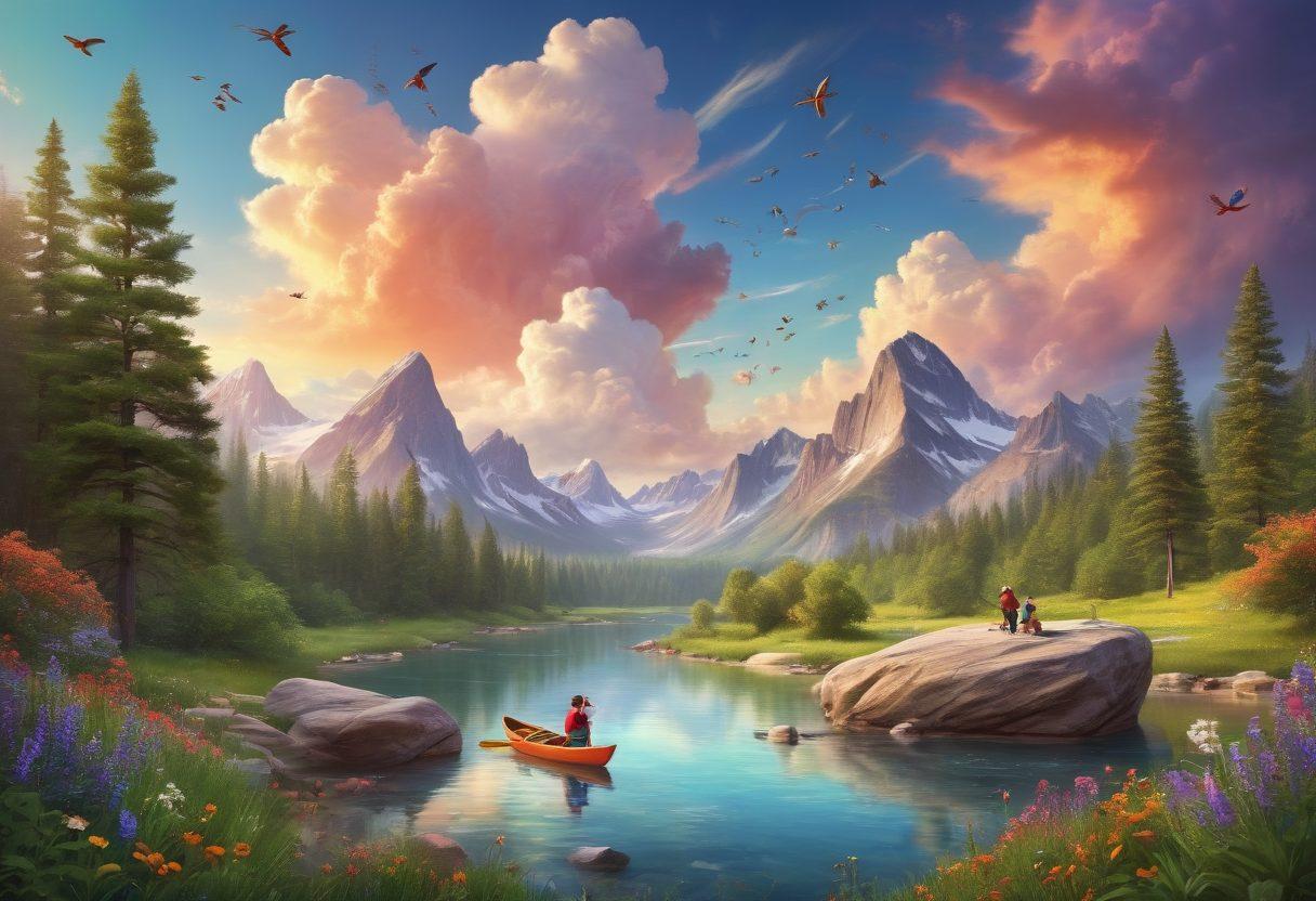 A whimsical landscape showcasing a diverse group of children engaging in various outdoor activities like hiking, rock climbing, and canoeing, surrounded by lush greenery and vivid wildflowers. The sky above is bright with playful clouds and birds, conveying a sense of freedom and exploration. Elements of creativity, like oversized crayons, books, and maps, blend into the scenery, symbolizing learning and imagination. The scene should feel vibrant and inviting, encouraging curiosity and adventure. 3D. vibrant colors. whimsical style.